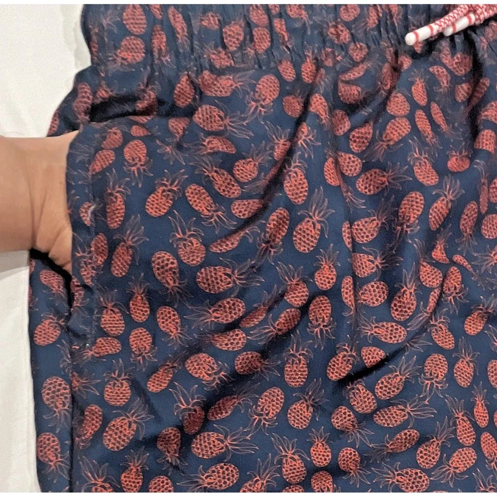 Mens Navy Blue Pineapple Print Swim Trunks Elastic Waist Drawstring Shorts